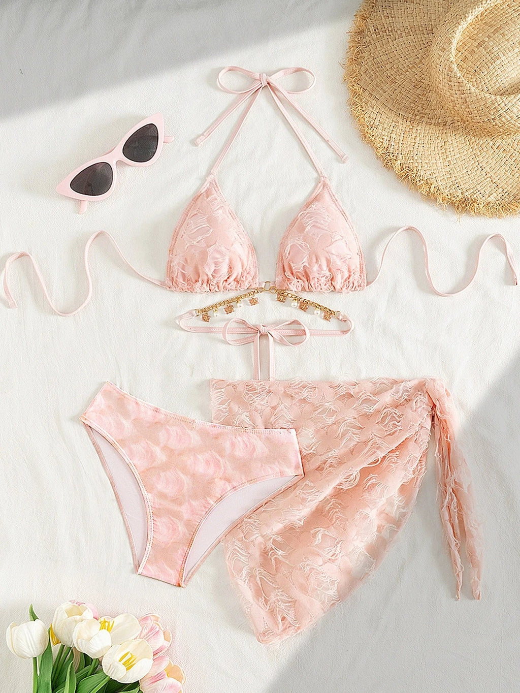 DEKA Pink Bikini Set Women Sexy 3-Piece Swimsuit Metal Chain Satin Female Swimwear New Fashion Korean Bathing Beachwear Holiday