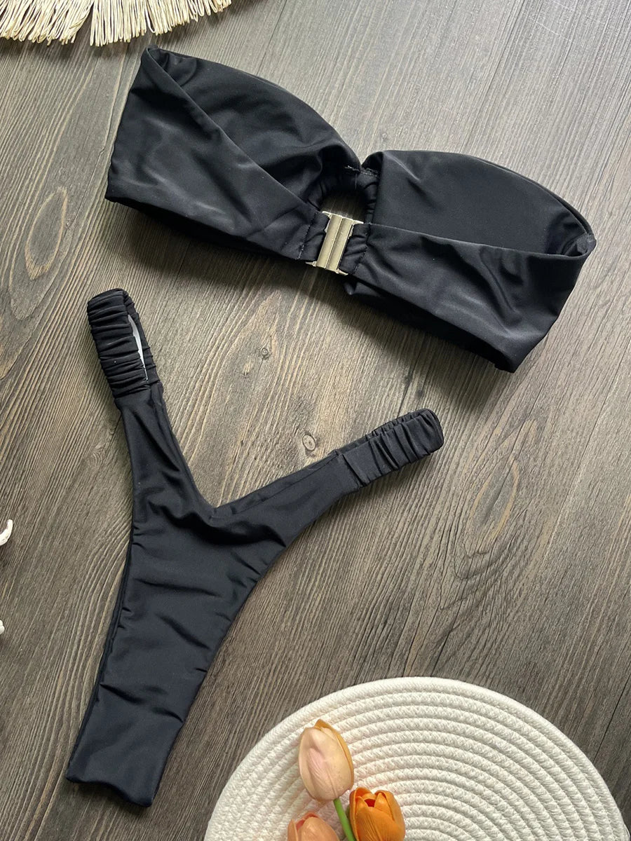 Wrinkled Bandeau High Cut Mini Thong Bikini Female Swimsuit Women Swimwear Two-pieces Bikini Set Bather Bathing Suit Swim Lady