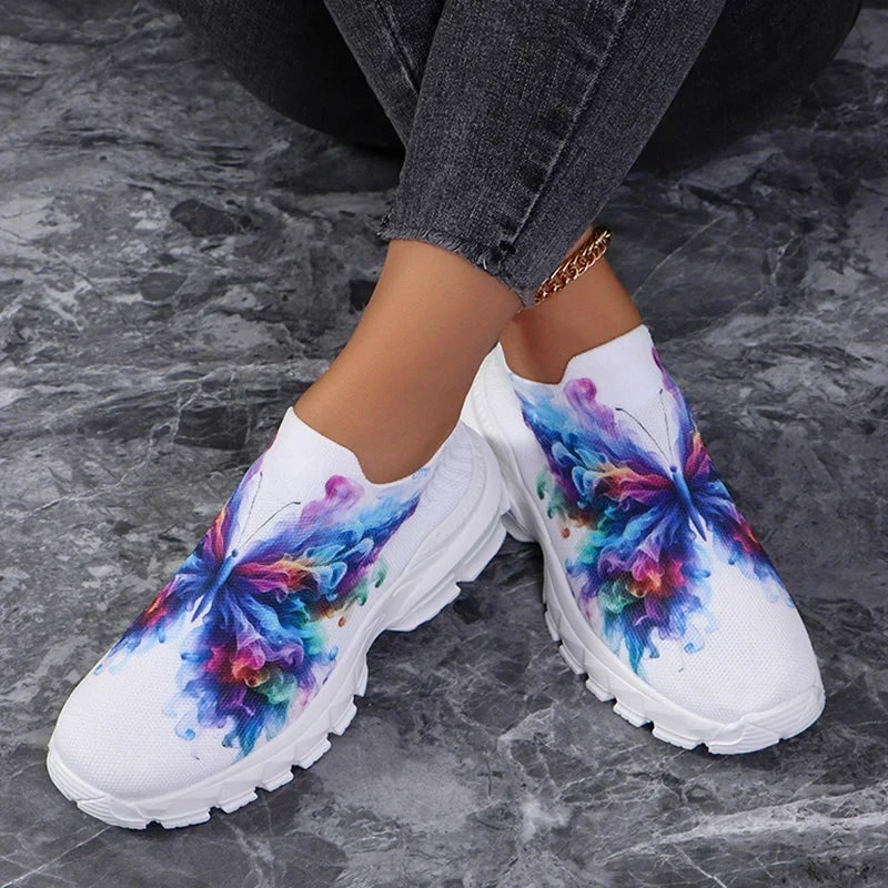 Fashion Butterfly Print Knit Sneakers for Women Breathable Mesh Platform Sneakers Shoes Woman Plus Size Thick Sole Walking Shoes