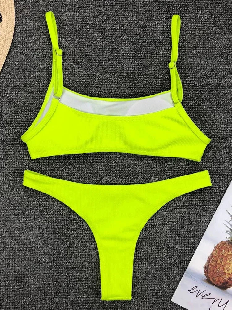 Sexy Neon Yellow Ribbed Brazilian Bikini Women Swimwear Female Swimsuit Two-pieces Bikini Set High Cut Bather Bathing Suit Swim