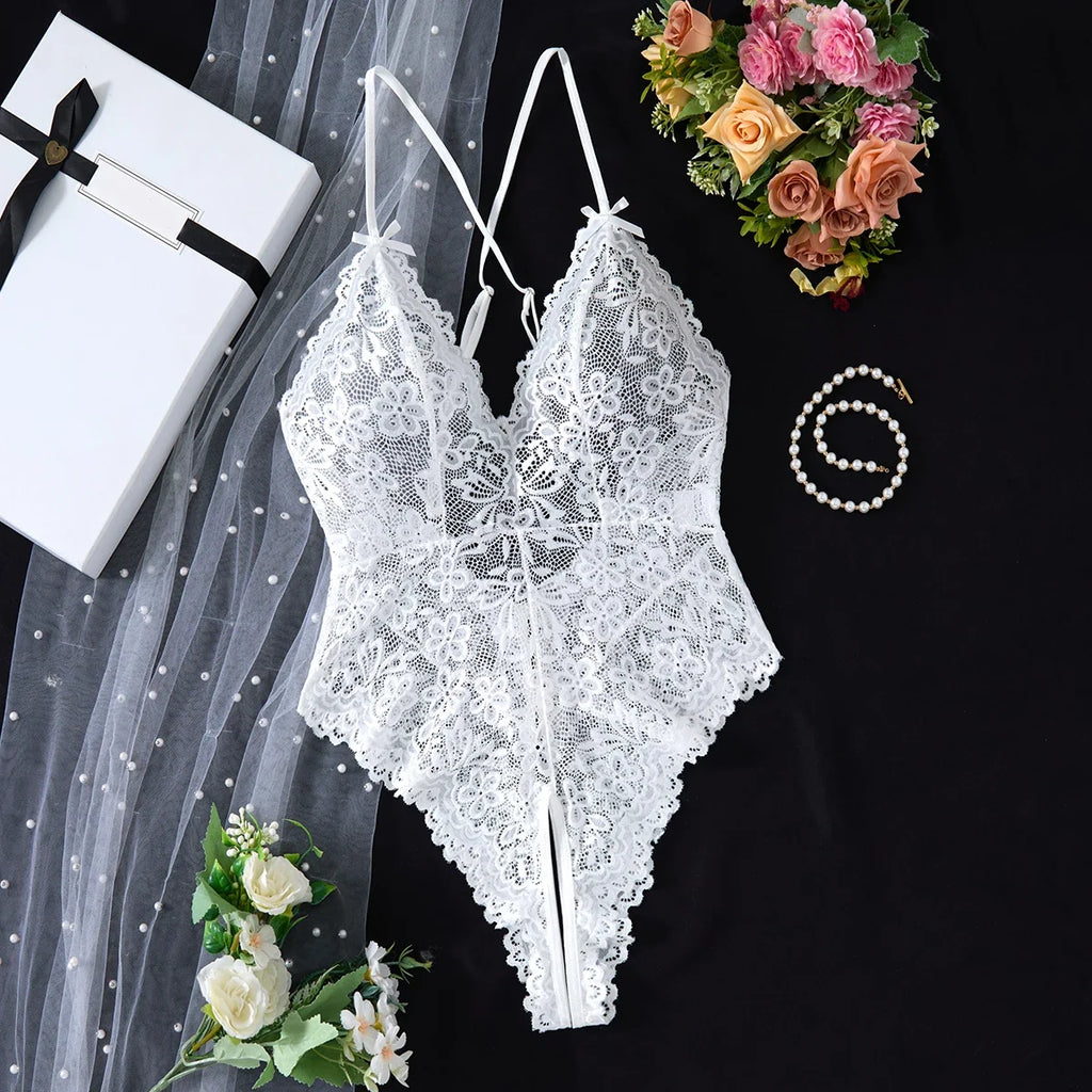 White Embroidered Lace Falafan Dress Set - Sexy Lingerie for Women - Sexy Bra Set with Strap Design on the Back 21077
