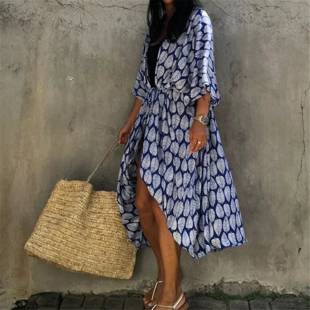 7 Colors Leaves Printed With Belt Half Sleeve Tunic Beach Cover Up Cover-ups Beach Dress Beach Wear Beachwear Female Women V4511
