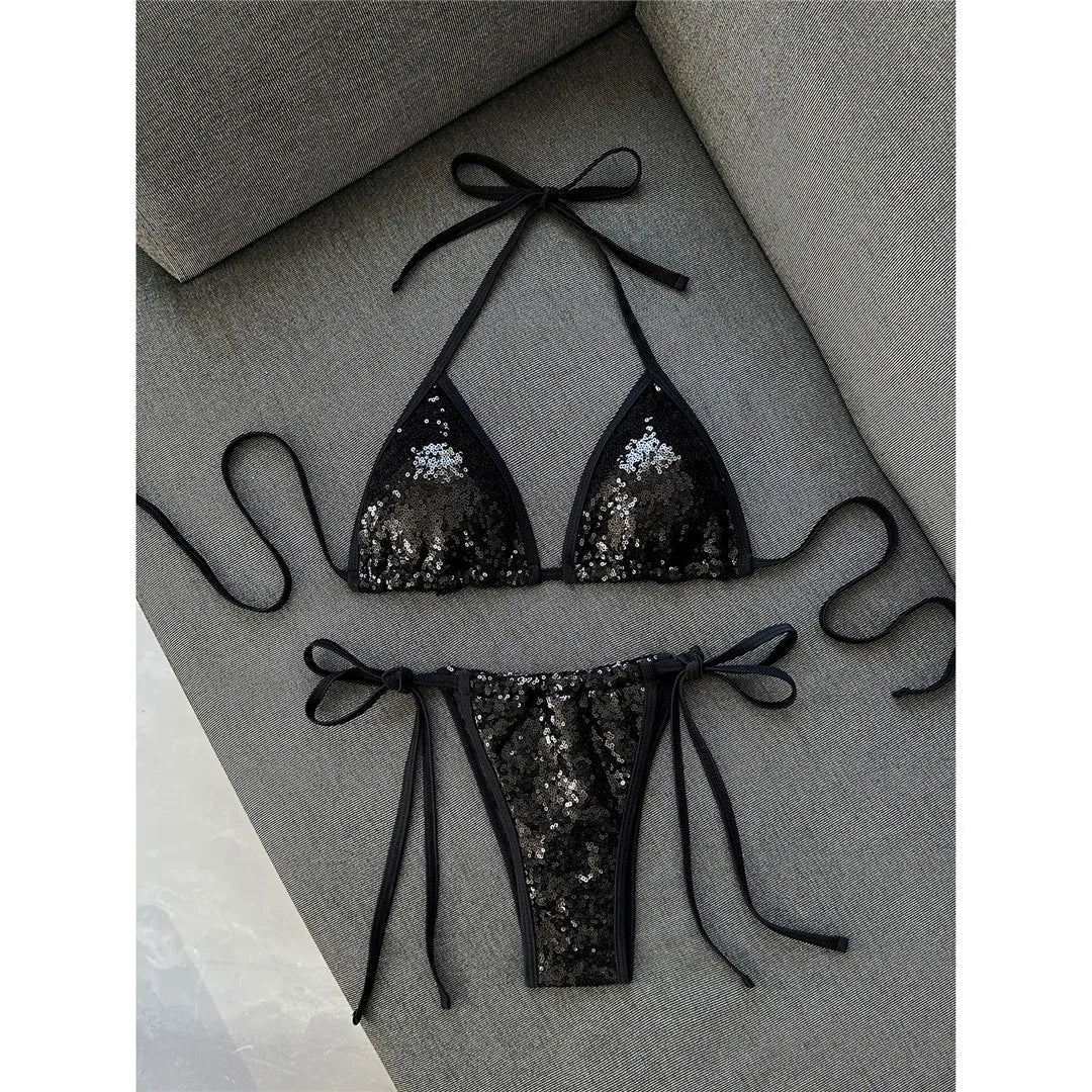 Sequins Halter Bikini Female Swimsuit Women Swimwear Two-Pieces Bikini Set High Cut Leg Padded Bather Bathing Suit Swim V8302