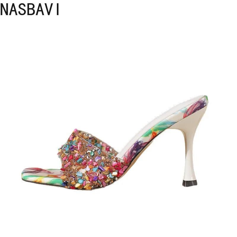 Designer Summer Open Toe Colored Rhinestones Slippers Women PVC Transparent Sexy Thin Heels Stripper Ladies Slides Shoes