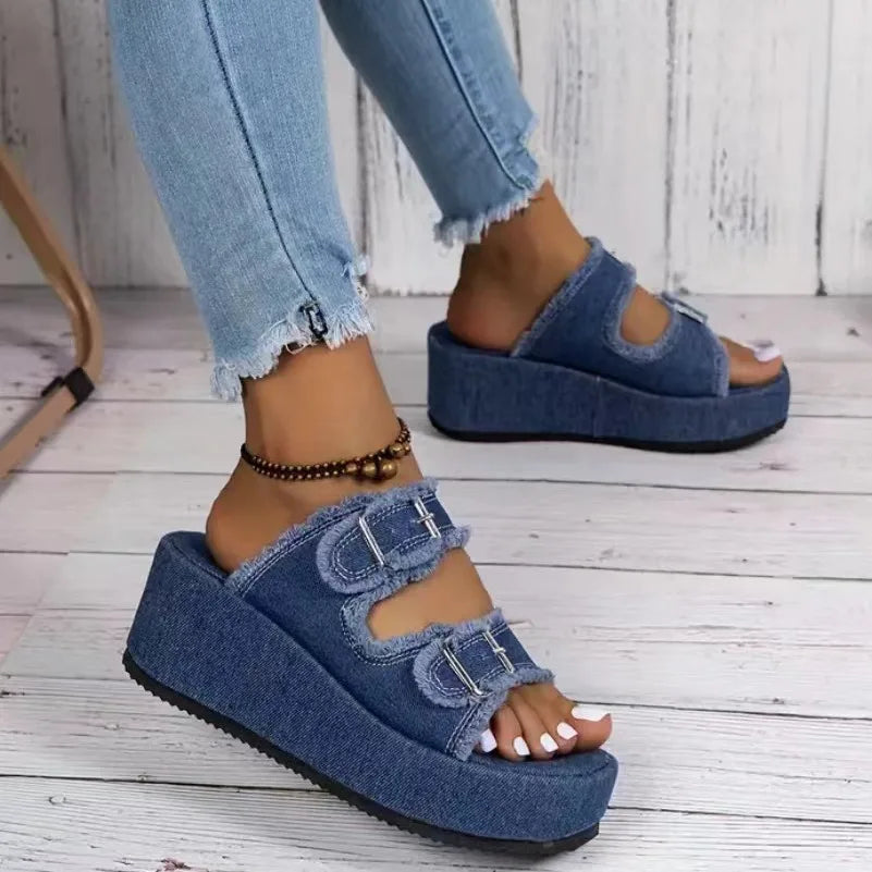 Women Denim Belt Buckle Wedge Heels Slippers Summer2026 Non Slip Thick Sole Beach Slippers Woman Fashion Buckle Platform Sandles