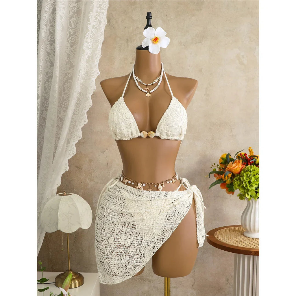 With Sarong Halter Printed Bikini Women Swimwear Female Swimsuit Padded Bather Bathing Suit Swim Three-pieces Bikini set K8073