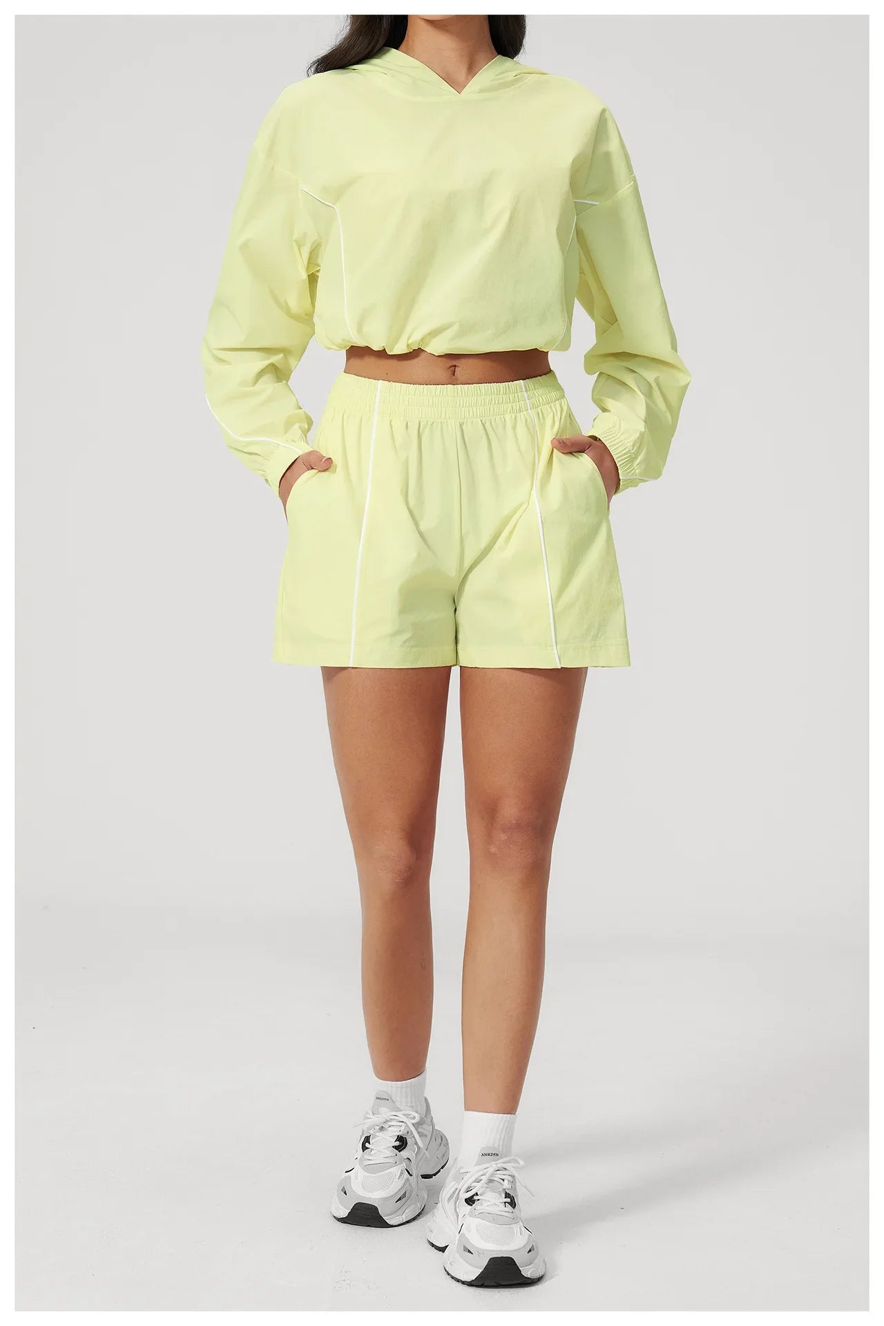 Summer Sun Protection Yoga Suit Women Contrasting Colors Long Sleeve Hoodies Top High Waist Shorts Running Fitness Athletic Wear