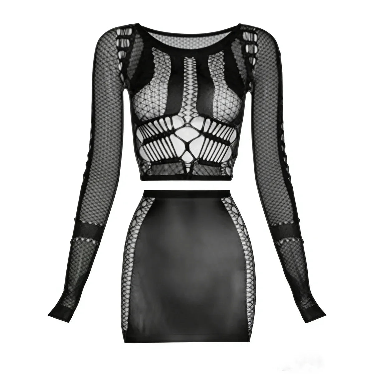 1 Set Women Long Sleeve See-Through Fishnet Cover Up Hollow Out Tassel Bodycon Beachwear Dress