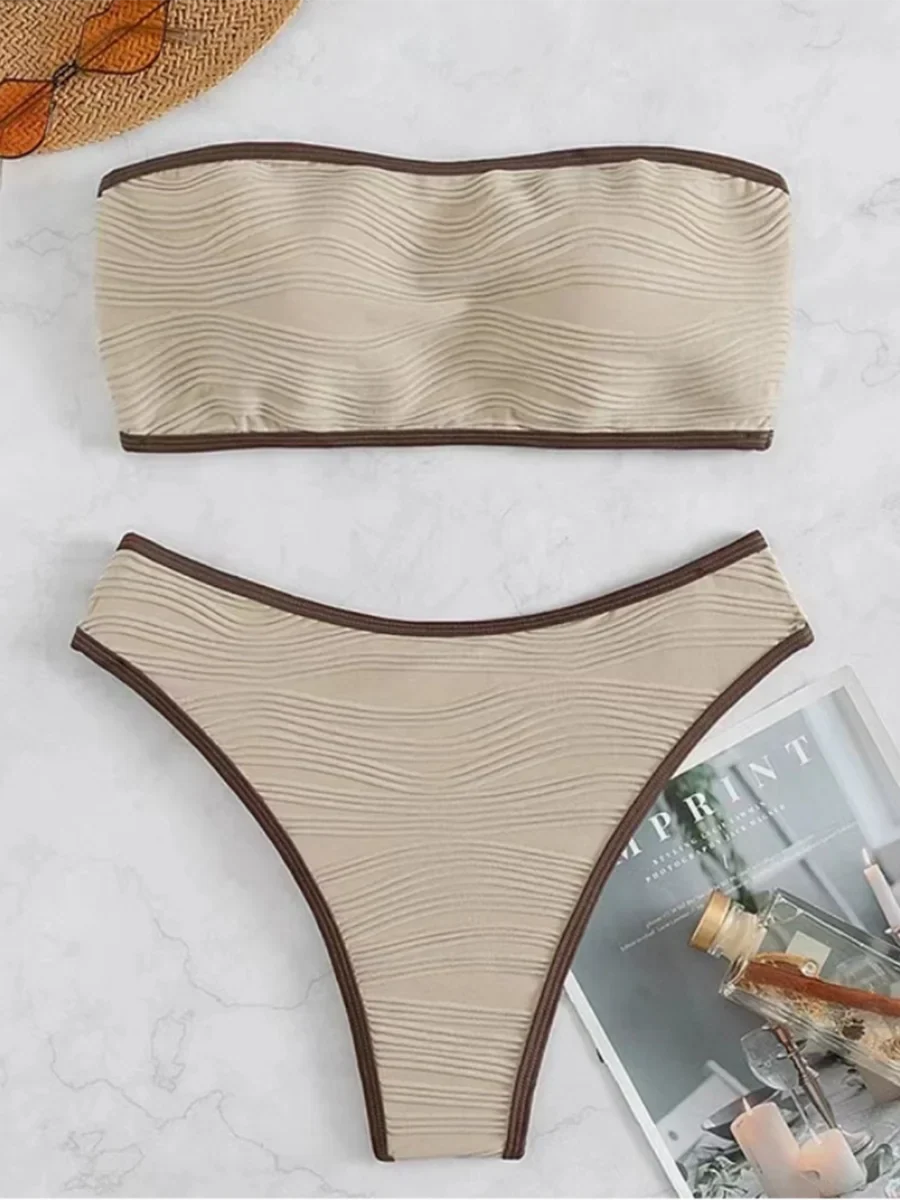 Contrast Binding Bandeau Bikinis 2026 Women Sexy Swimsuit Solid Padded Swimwear Female Bathing Suit Swimming Summer Beachwear