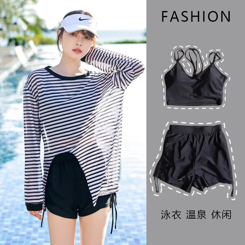 Swimsuit Plus Size Girl Conservative Split Fashion Sports Sunscreen Long Sleeved Slimming Hot Spring Three Piece Set