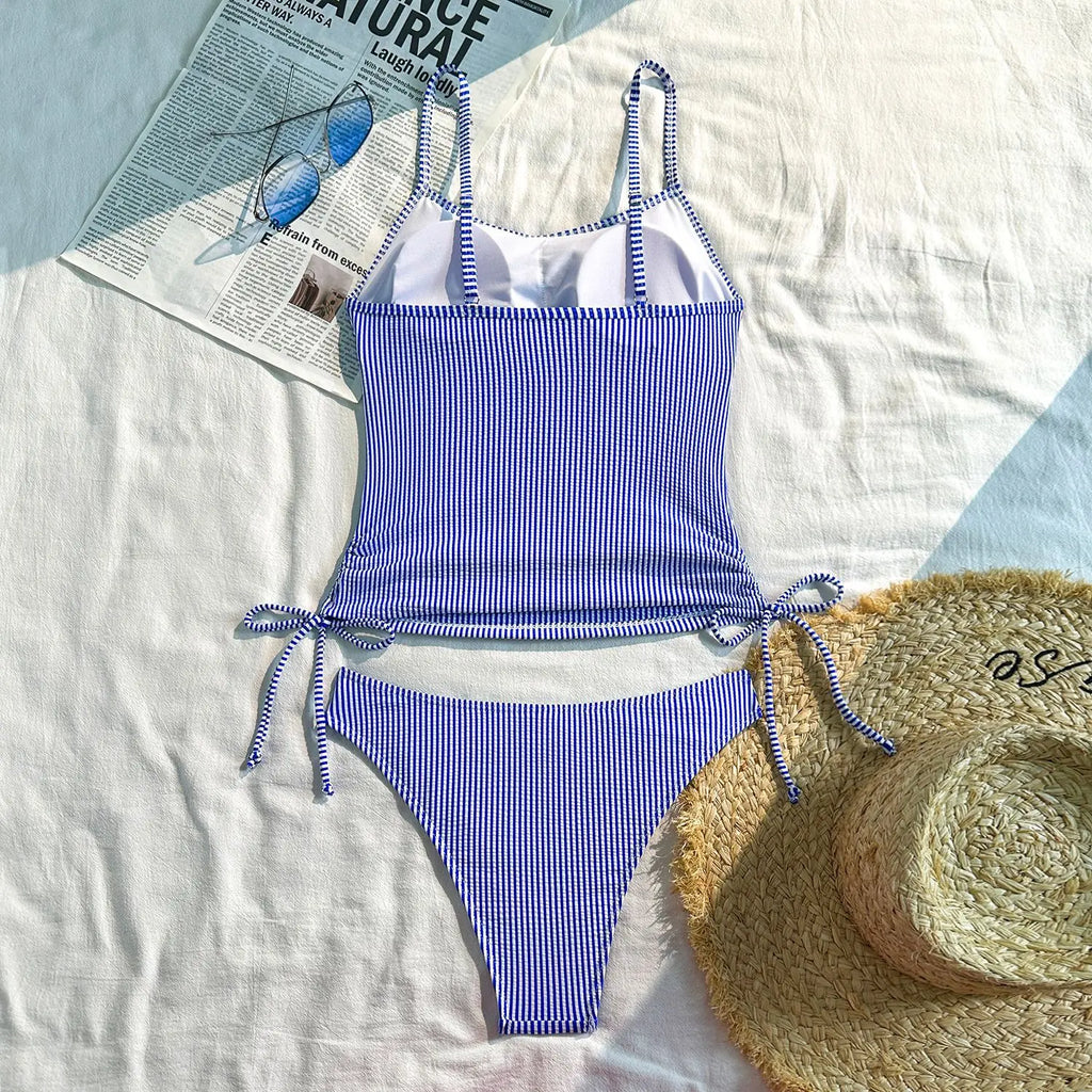 2025 New Split Swimsuit Women's Drawstring Backless Fashion Sexy Stripes Gather Slim and Thin Swimsuit Купальник Женский