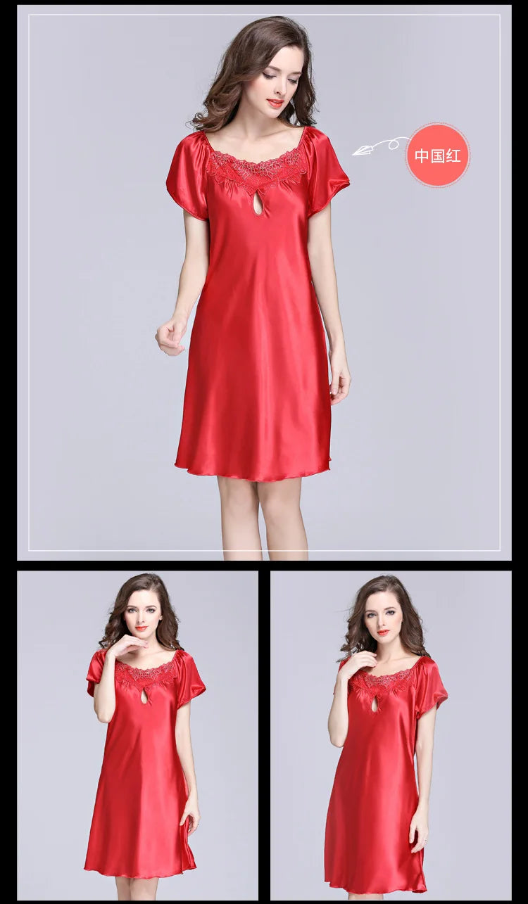 Women's Sleepwear Ice Silk Casual Silk Pajamas Women's Summer Sexy Short Sleeve Lace Pajamas Loungewear