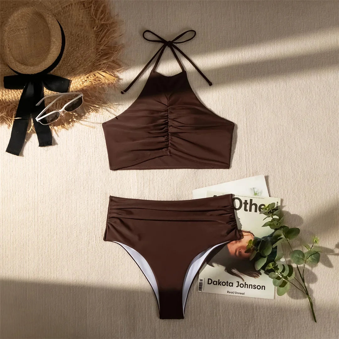 Halter Wrinkled High Neck Female Swimsuit High Waist Bikini Women Swimwear Two-pieces Bikini set Bather Bathing Suit Swim K5616