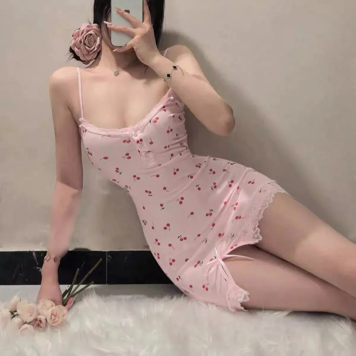 Women's Nightdress Cute Fitted Mini Nightgown Lace Trim Detail Spaghetti Straps Pink Cherry Print Dress Summer Sleepwear