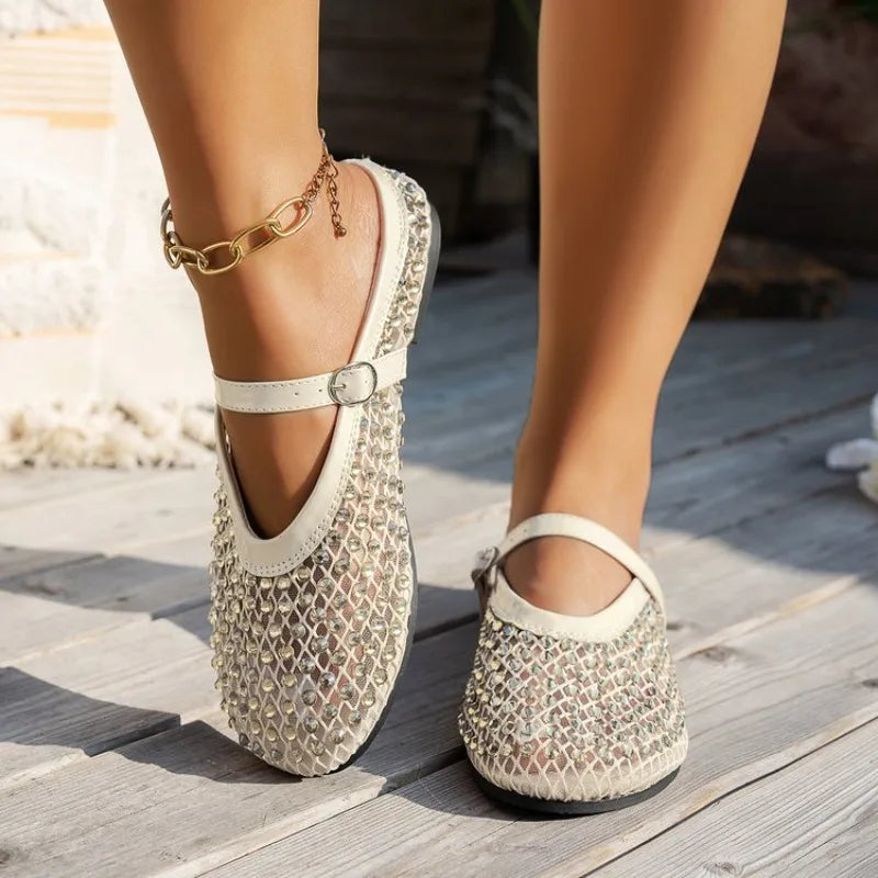 Mesh Breathable Rhinestone Fashion Versatile Women's New Foreign Style Niche Belt Flat Soft Soled Mary Jane Shoes Womens Shoes