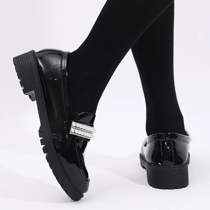 Fashion Pearls Decor Platform Loafers Women College Style Thick Heels Pu Leather Shoes Woman Plus Size 43 Student Shoes Female