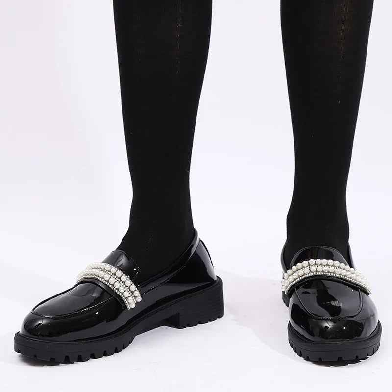 Fashion Pearls Decor Platform Loafers Women College Style Thick Heels Pu Leather Shoes Woman Plus Size 43 Student Shoes Female