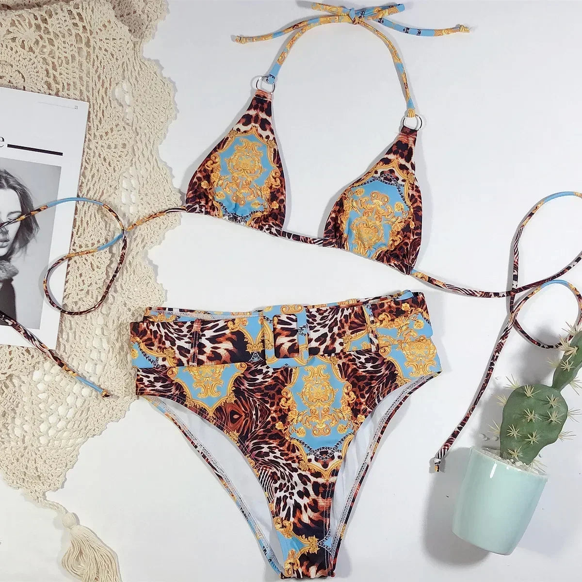 Bikini 2026 Sexy High waist Leopard print Bandage halter Swimwear Swimsuit Women Bikinis Set Bathing Suit Beach Bikini Female