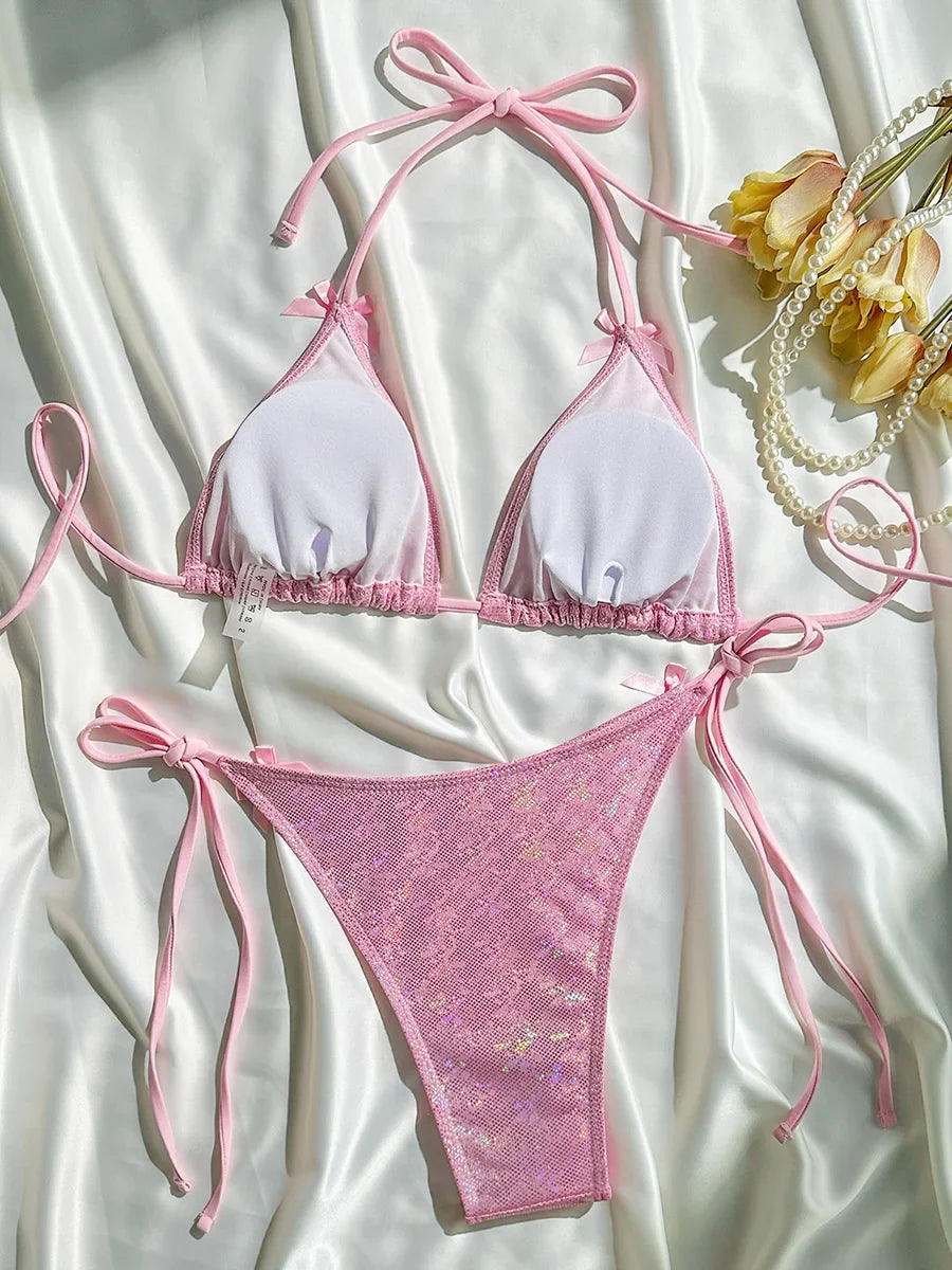 Sparkling Glitter Halter Bow Bikini Female Swimsuit Women Swimwear Two-pieces Bikini Set High Cut Bather Bathing Suit Swim Lady
