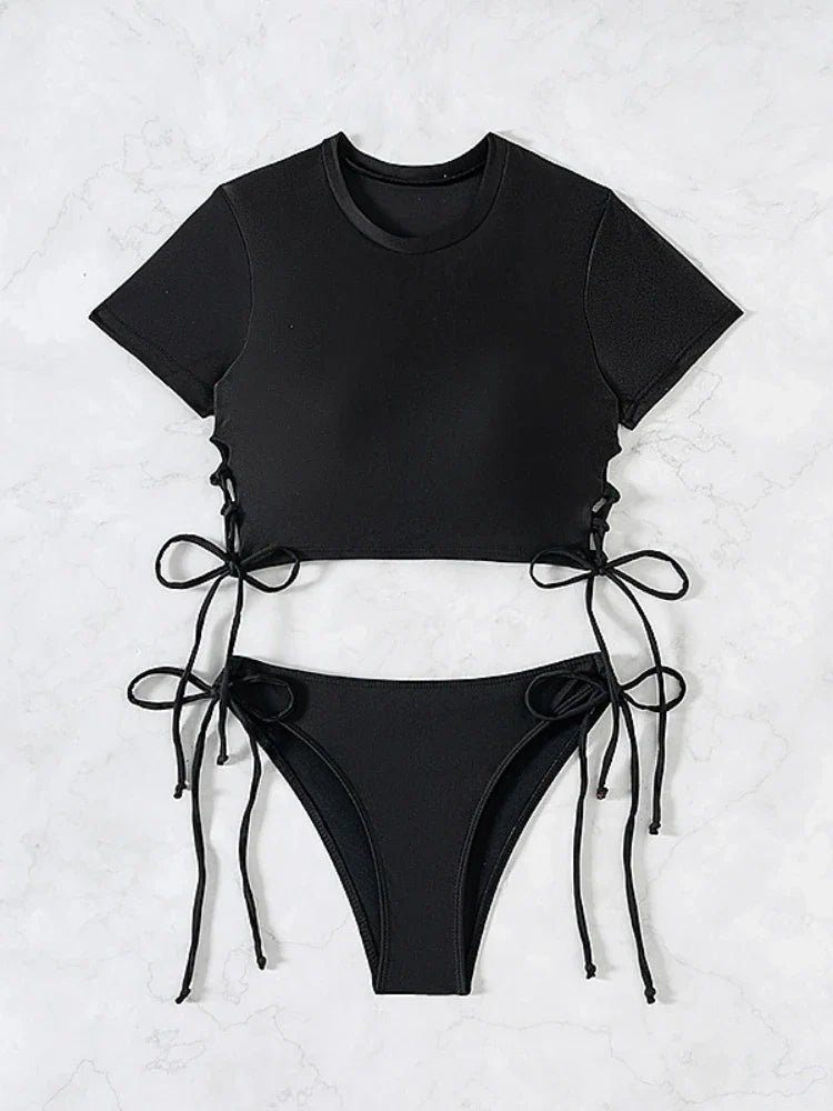 2026 New 2 Piece Swimsuit for Women Solid Color Sexy Drawstring Short Sleeve Bikini Set Beach Vacation Bathing Suit Swimwear