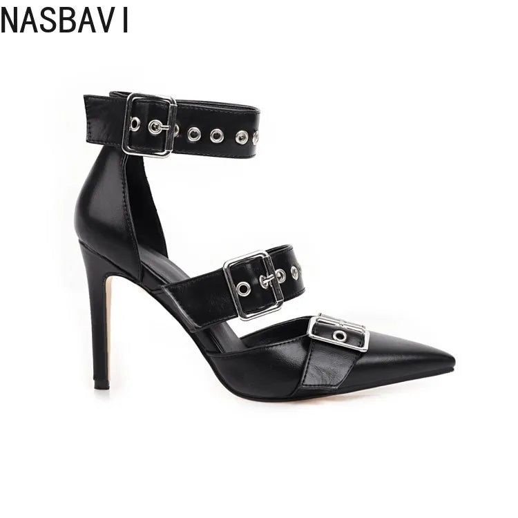 NASBAVI Black Punk Gothic High Heels Sexy Plus Size Pointed Toe Fashion Buckle Rivet Women Pumps Wedding Shoes Stiletto Heels