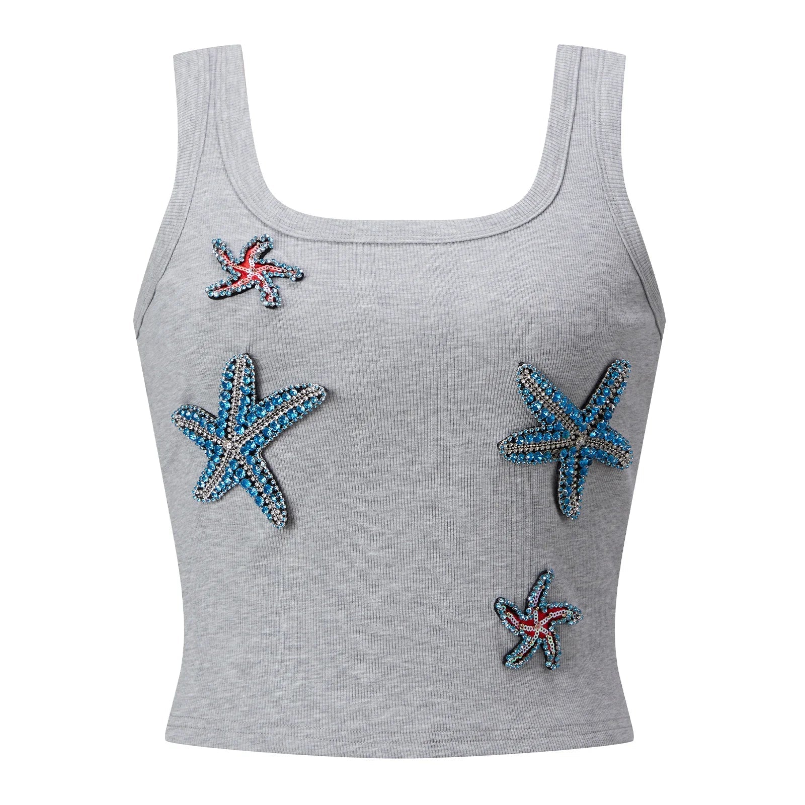 Women Rhinestone Starfish Decor Tank Tops Square Neck Sleeveless Slim Fit Ribbed Crop Vest Shirts Summer Out Going Streetwear