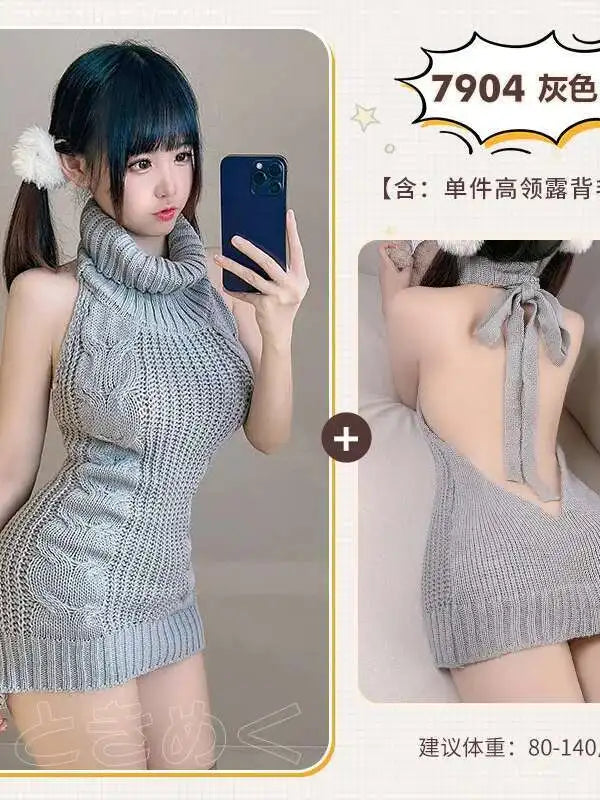Turtleneck Sweater Mini Dress Backless Underwear Women's Sexy Uniform Dress Elegant Fashion Sweet Women 2023 New D0VL