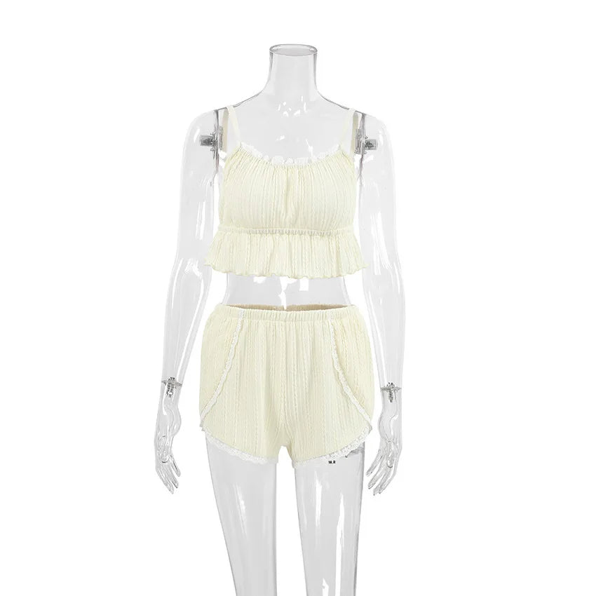 Lace Trim Ruffle Hem U-Neck Strap Cable Textured Cami & Casual Shorts Loungewear Summer Pajamas Set Women Sleepwear