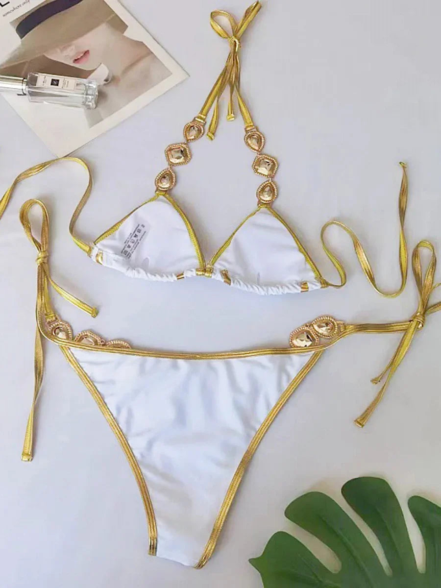 Halter Crystal Rhinestone Diamond Bikini 2025 Female Swimsuit Women Swimwear Two-pieces Bikini Set High Cut Bathing Suit Swim
