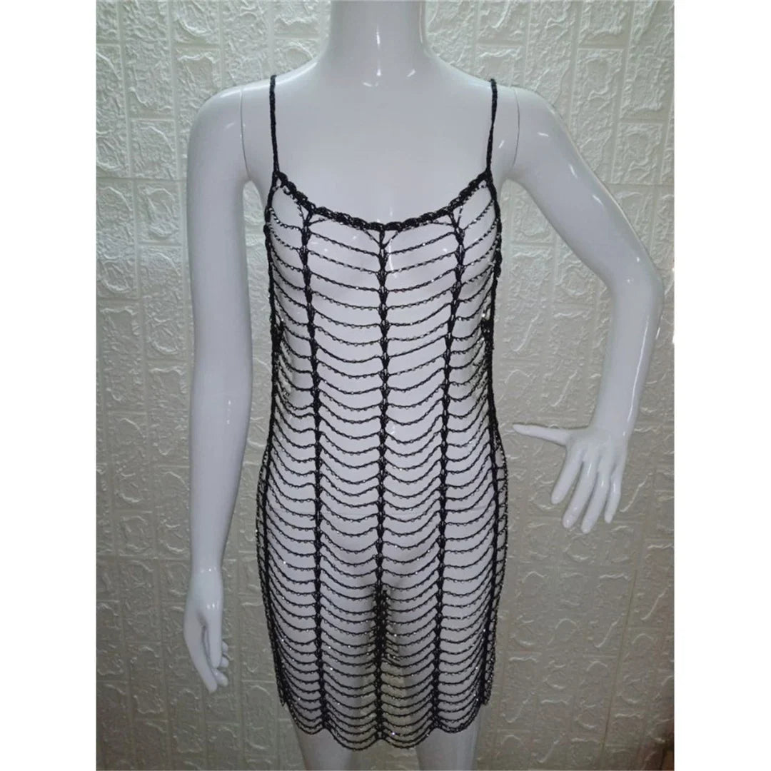 Luxury Bling Diamond Rhinestones Hollow Out Tunic Beach Cover Up Cover-ups Beach Dress Beach Wear Beachwear Female Women V4747SW