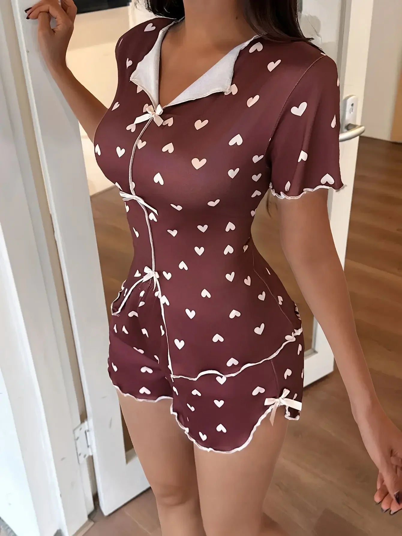 Women 2 Pieces Pajamas Set Heart Printed Short Sleeve T-shirts and Shorts Sets Casual Home Wear Loungewear Summer Sleepwear