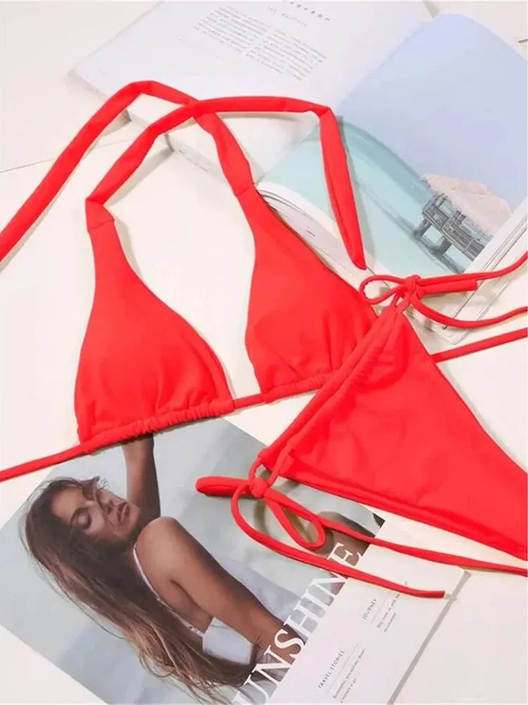 11 Colors Halter Mini Micro Thong Bikini Female Swimsuit Women Swimwear Two-pieces Bikini Set Bather Bathing Suit Swim Beachwear
