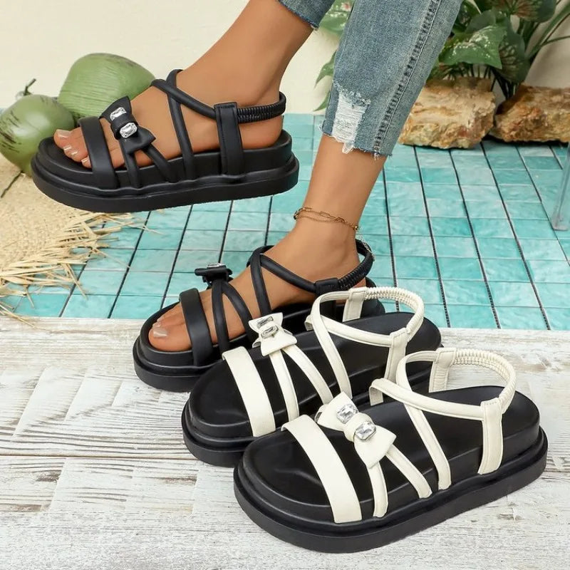 Women's Rhinestone  Platform Sandals Casual Cross Strap Summer Shoes Non-Slip Thick Sole Beach Footwear