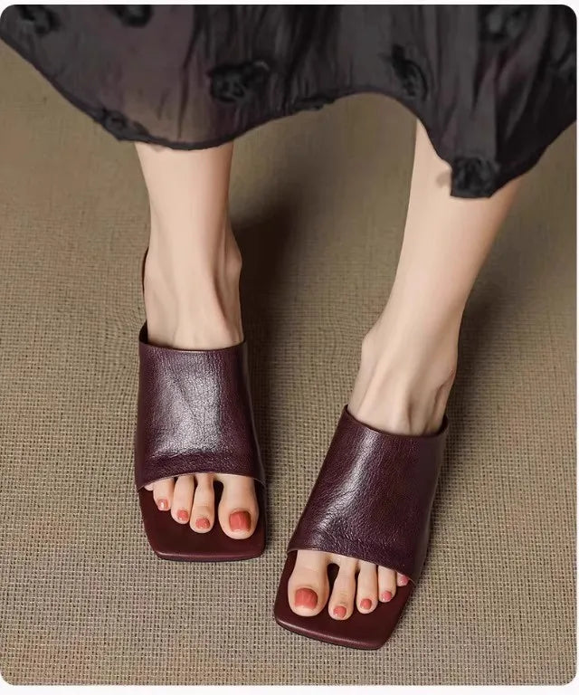Luxe  Square Toe Slide Sandals Premium Leather One Strap Mules Chunky Sole Backless Loafers Dressy Casual Summer Shoes