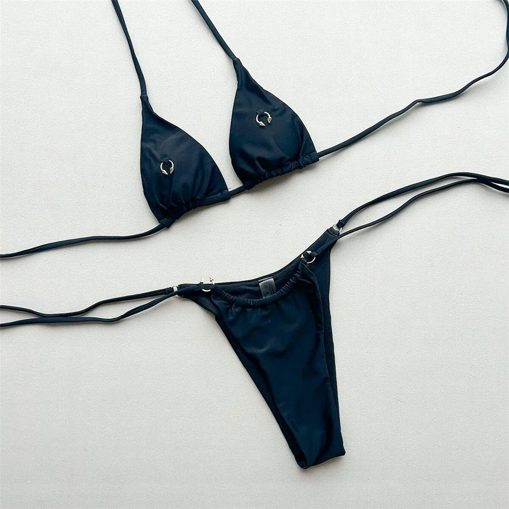 2026 Metal Ring Halter Bikini Female Swimsuit Women Swimwear Two-pieces Bikini set Strappy Padded Bather Bathing Suit Swim V8168