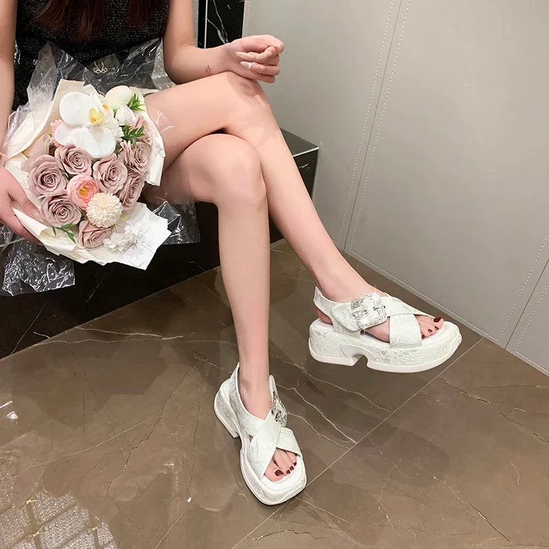 Fashion Crystal Buckle Platform Sandals Women Pink Embroidery Thick Heels Sandalias Mujer Comfortable Heightened Rome Sandals