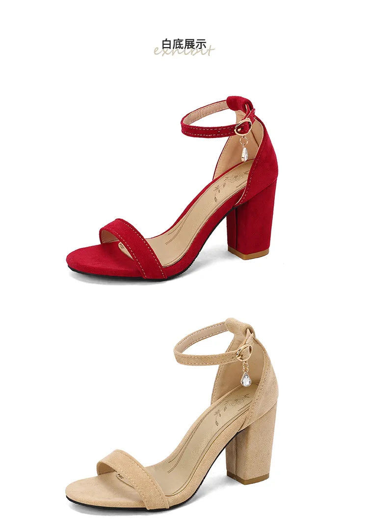Beige Suede Ankle Strap Block Heel Sandals for Women, Round Open Toe with Rhinestone Accent, Multiple Colors Available