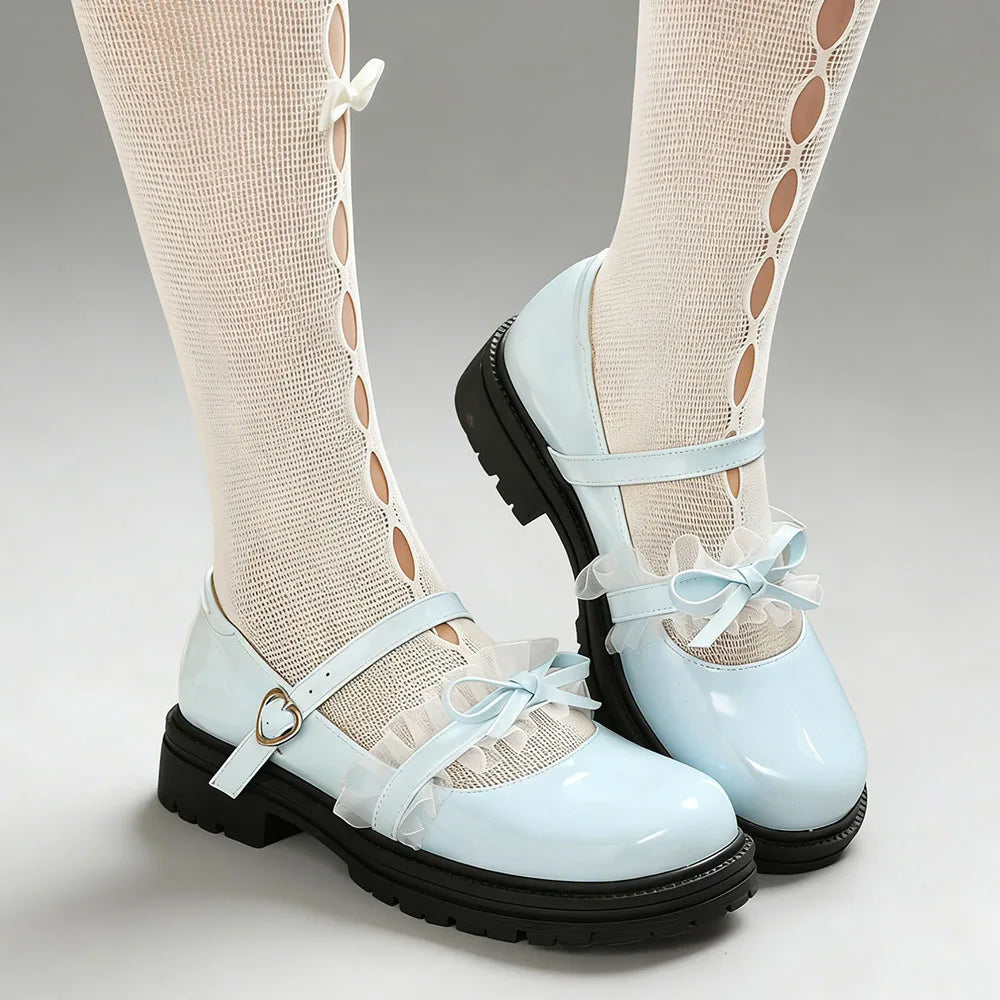 2026 Plus size 47 Sweet Blue Lace Ruffles Mary Janes Shoes Women Gothic Black Bow Knot Cute Lolita Cosplay Flats Casual Shoes