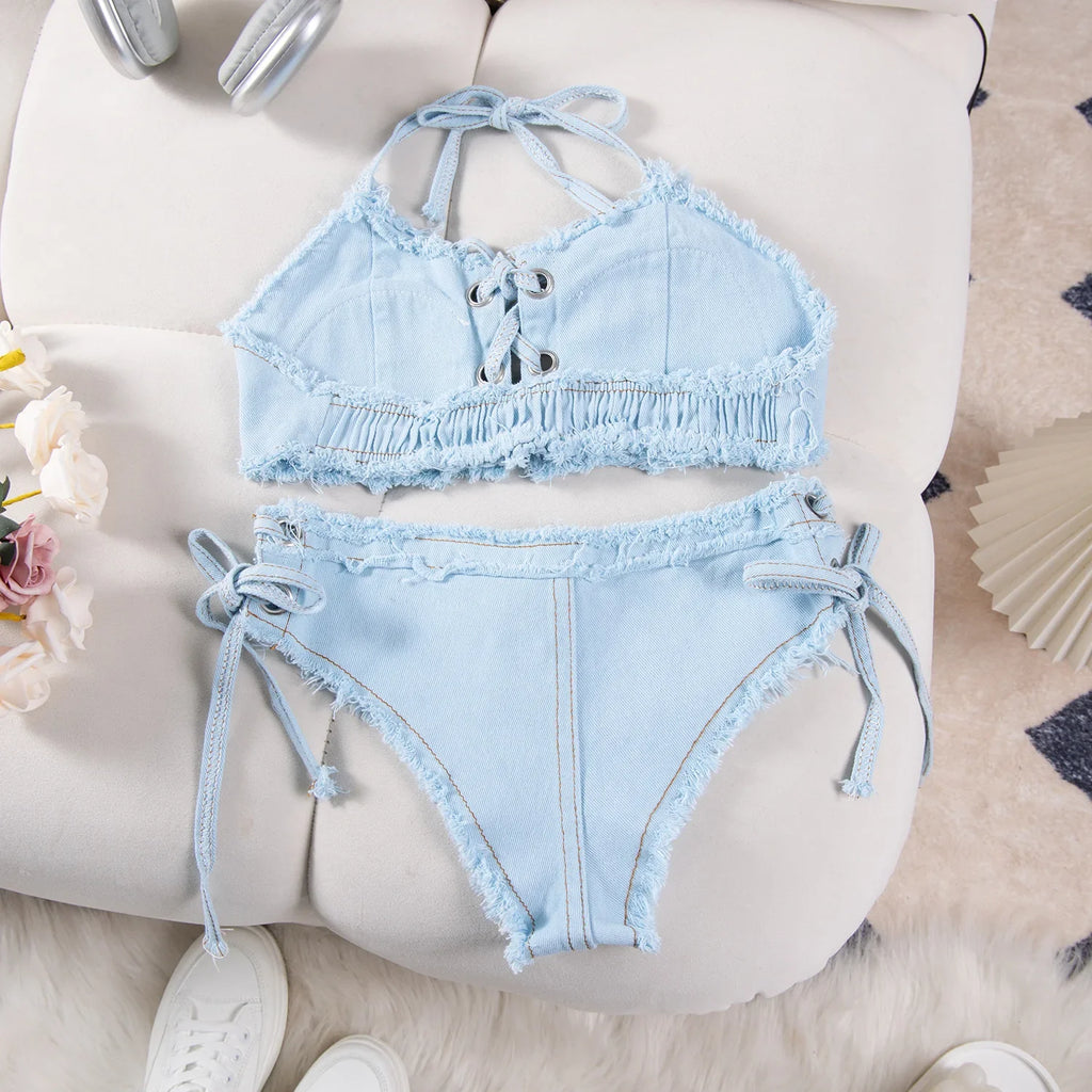 DEKA Retro Women Bikini Denim Suits Summer Halter Camis+ Mini Pant Lingerie Fashion Vacation Swimsuits Sexy Bra&Briefs Sets