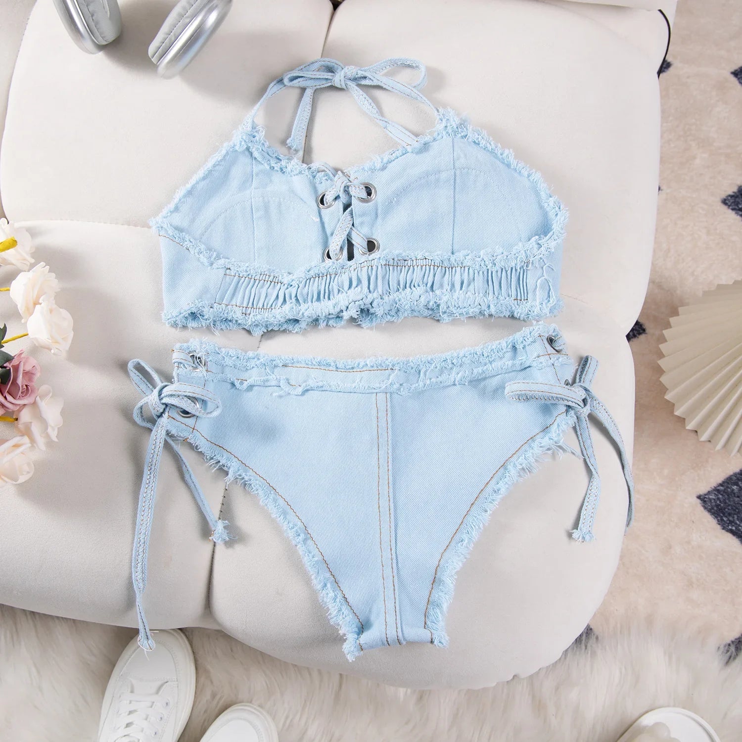 DEKA Women's Bandage Denim Bikini Set Summer New Jeans Shorts Swimwear Bra Beach Play and Bar Nightclub Swimsuit