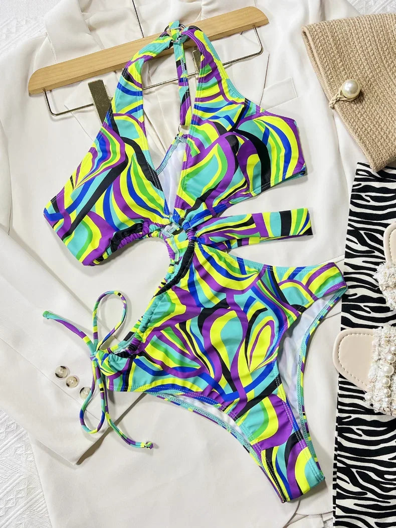 Sexy One Piece Swimsuit Swimwear Women Print Hollow Drawstring Single Shoulder Bathing Suit Beachwear Trajes De Bano Mujer 2026