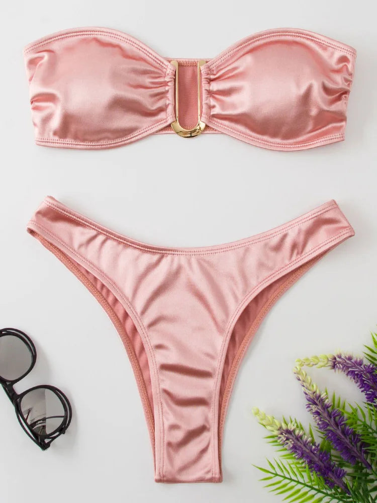 Bandeau Bikinis 2025 Strapless Satin Bikini Female Swimsuit Women Swimwear Two-pieces Bikini Set High Cut Bathing Suit Swim Lady