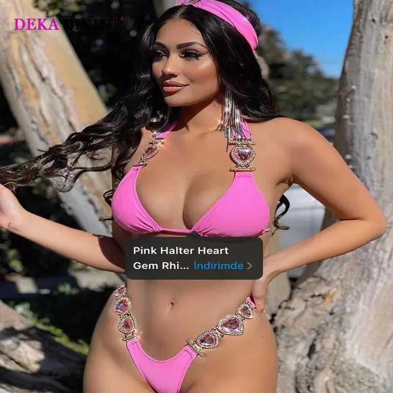 DEKA Rhinestone Love Heart Bikini Set Women Diamond Swimsuit  Crystal Luxury Push Up Metal Thong Swimwear
