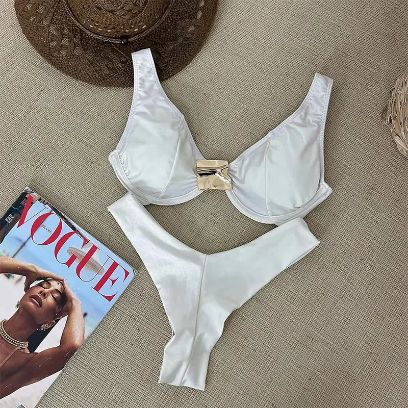 Sexy Black White Bikini Set 2026 Women Metal Ornament Push Up Underwire Bra Thong Swimsuit Beach Holiday Bathing Suit Swimwear