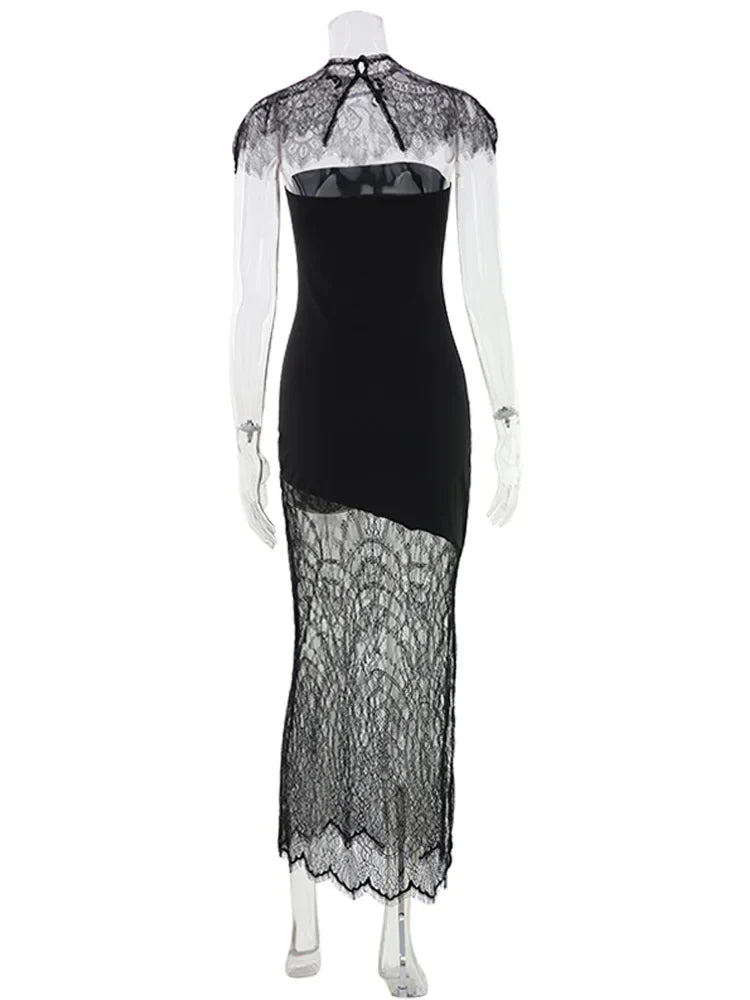 Ahagaga Fashion Women's Maxi Dresses Lace Patchwork Sexy Sheer Split Bodycon Slim Fit Turtleneck Sheath Female Party Vestidos