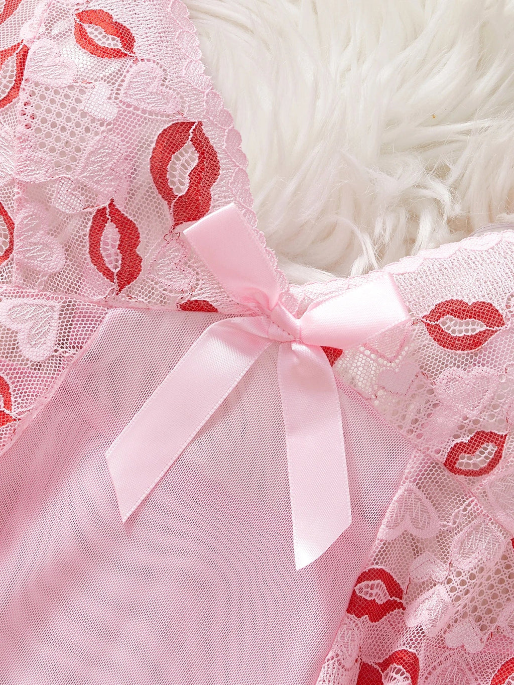 Pink Lips Transparent Bra Erotic Sets Sexy Fairy Lingerie Women See Through Lace Nightdress Delicate Ultra Hot Nighty With Thong