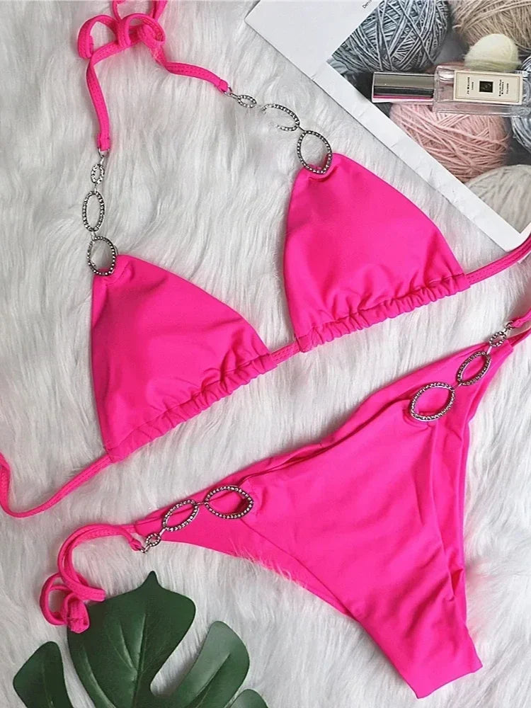 Sexy Rhinestone Bikini 2026 Women Solid Purple Metal Chain Swimsuit Brazilian Summer Beach Bathing Suit Luxury Thong Swimwear
