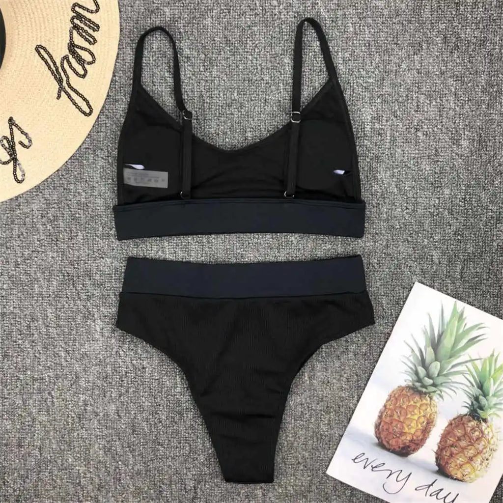 S - XL Sexy Female Swimsuit High Waist Bikini Women Swimwear Two-Pieces Bikini Set Bather Ribbed Bathing Suit Swim Lady V2375