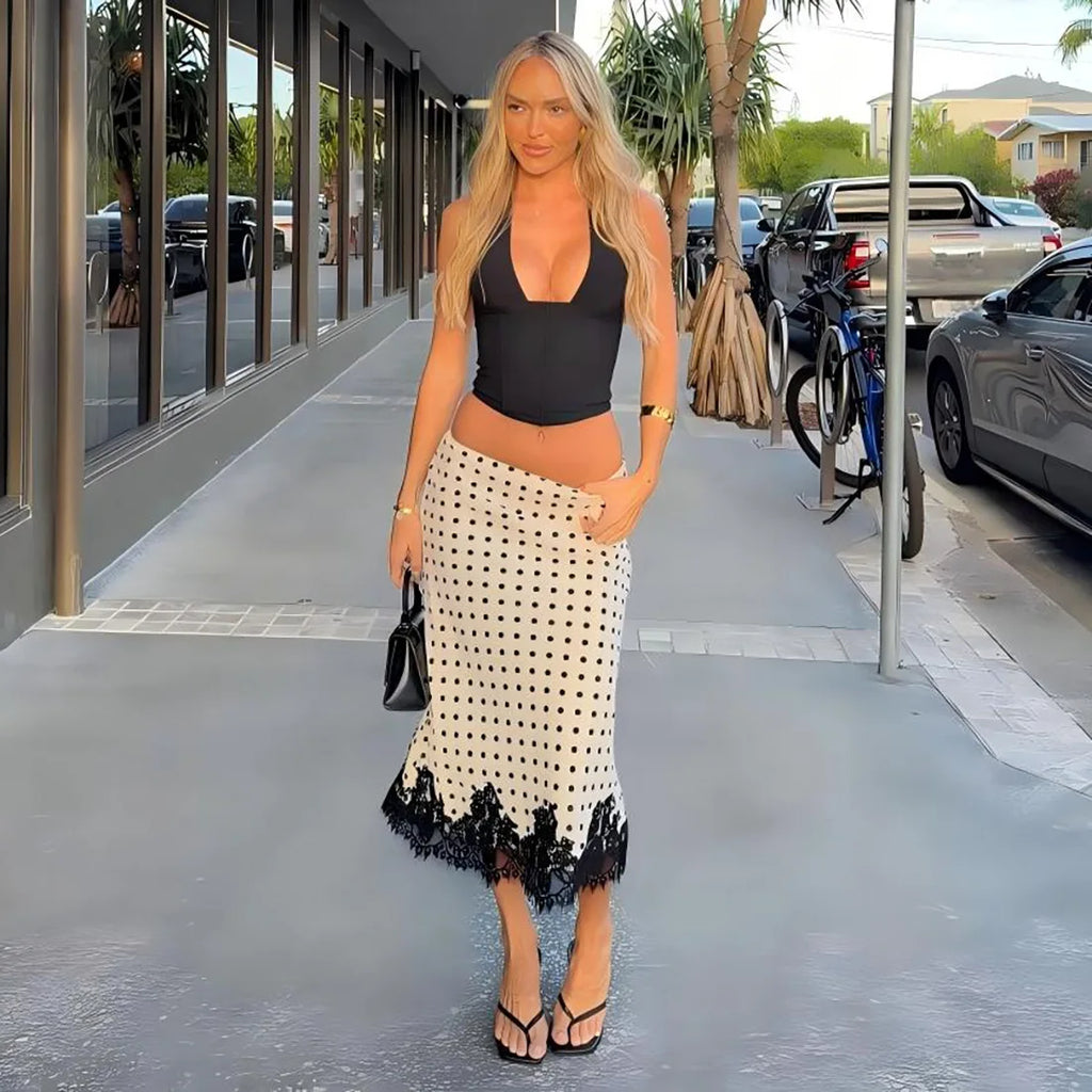 FDYOUI Elegant Polka Dot White Skirts for Women Chic Low Waist Lace Patchwork Mid-calf Skirt Office Lady Slim Dress Streetwear