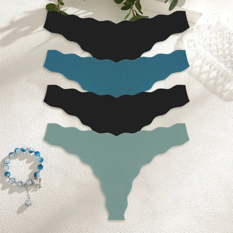 4Pcs Women Seamless Panties Wavy Design Ultra-thin Thongs Women Ice Silk Underwear Sexy Panty Low Waist G-string Female Solid